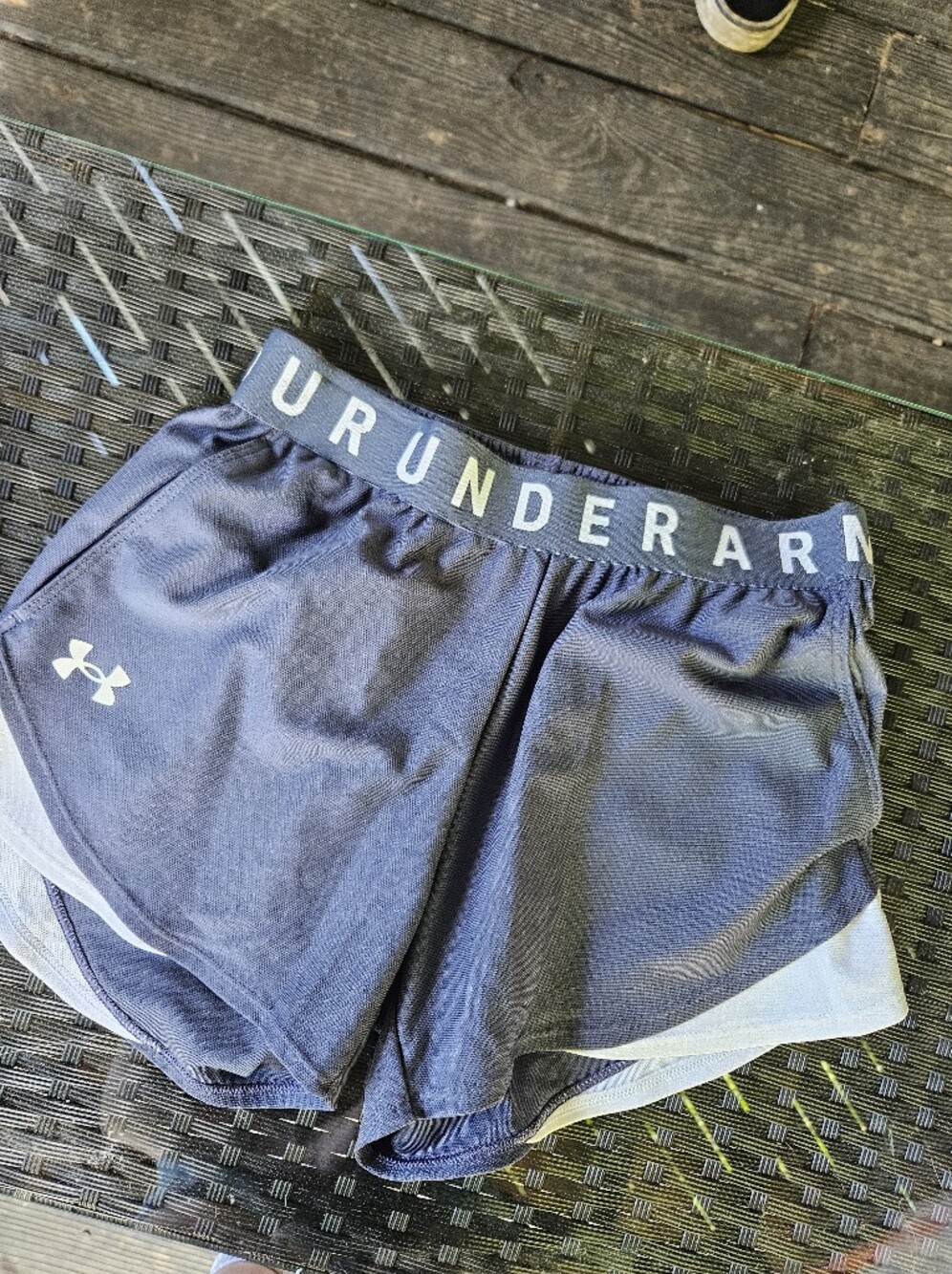 Under Armour Women's Grey Blue Athletic Shorts with White Logo